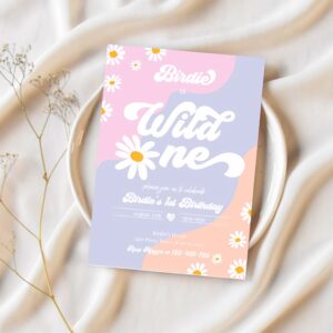 Editable wild one 1st birthday party invitation boho daisy wild one party groovy hippie floral 70s daisy hippie party 1