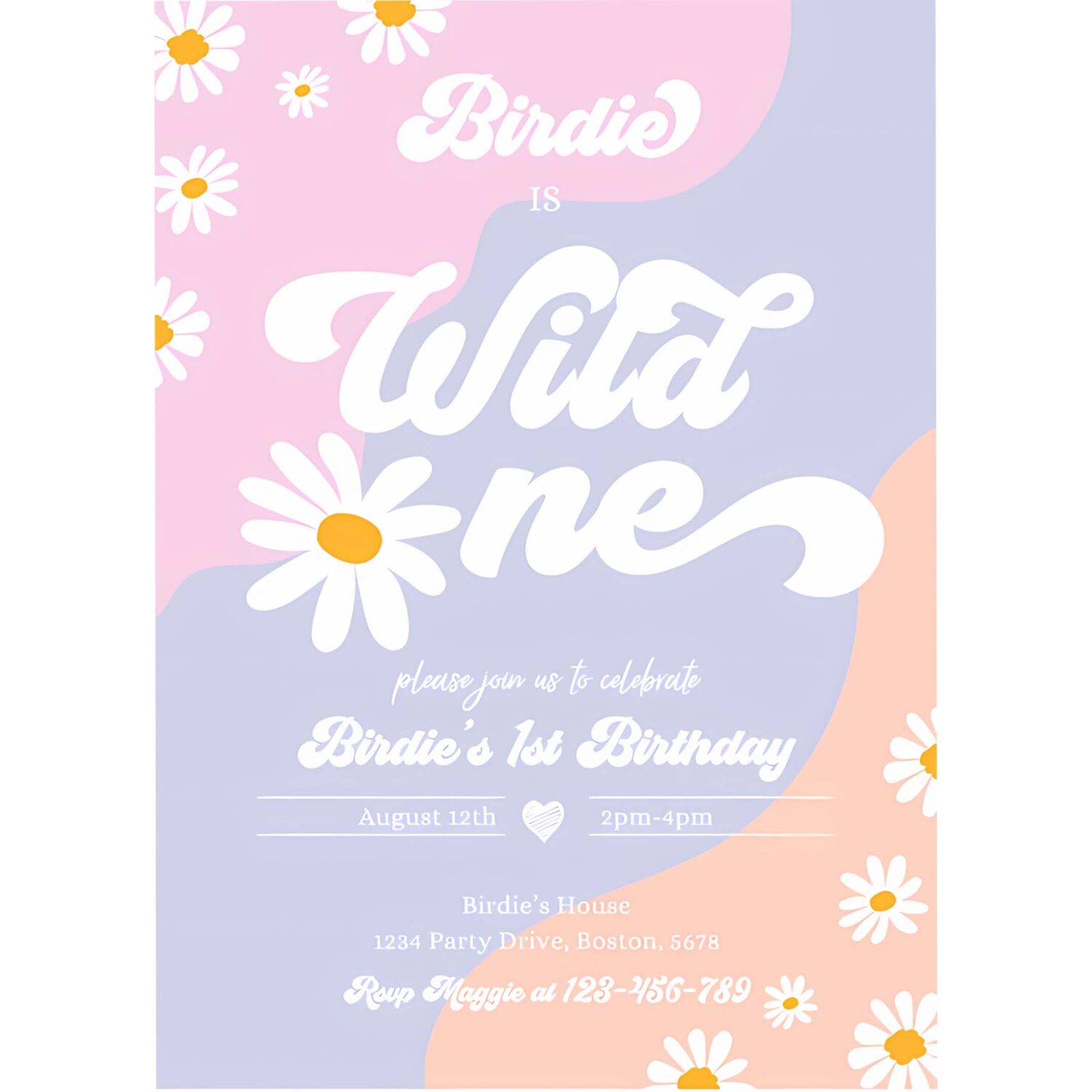 Editable wild one 1st birthday party invitation boho daisy wild one party groovy hippie floral 70s daisy hippie party 4