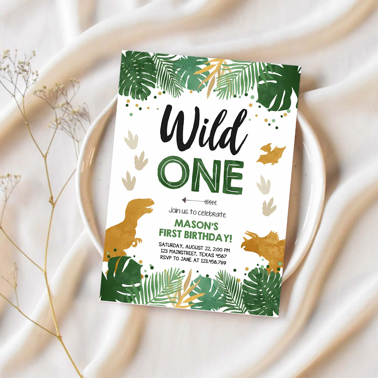 Editable wild one birthday invitation dinosaur dino party boy 1st first birthday green gold born to be wild corjl template printable 0146 1