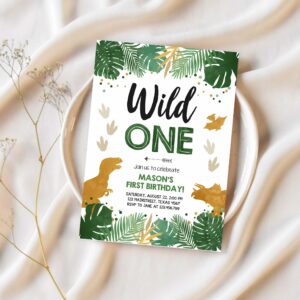 Editable wild one birthday invitation dinosaur dino party boy 1st first birthday green gold born to be wild corjl template printable 0146 1