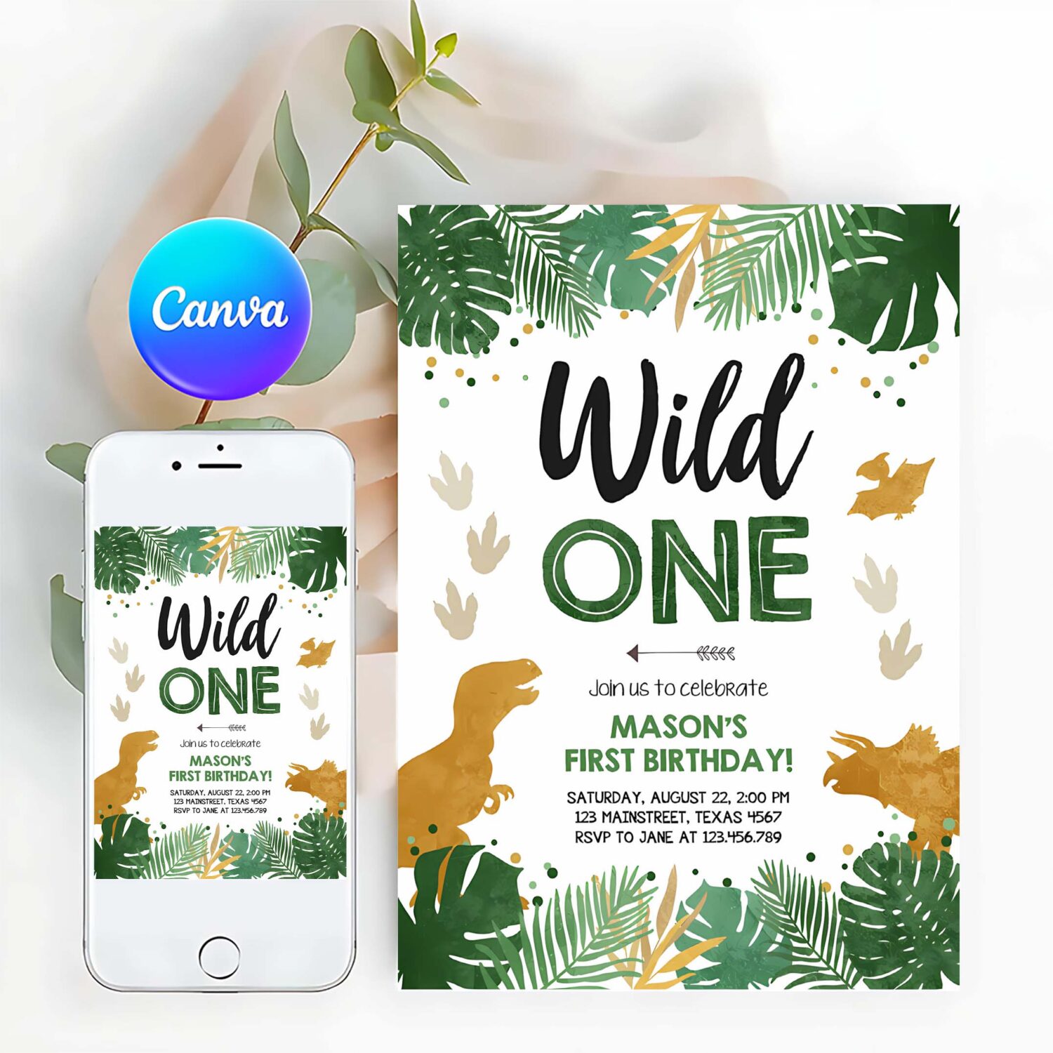 Editable wild one birthday invitation dinosaur dino party boy 1st first birthday green gold born to be wild corjl template printable 0146