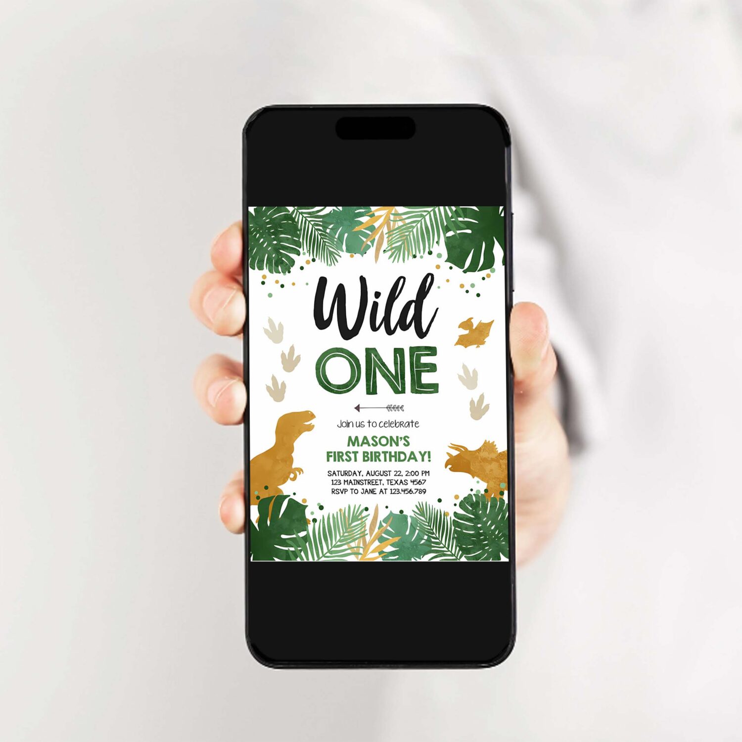 Editable wild one birthday invitation dinosaur dino party boy 1st first birthday green gold born to be wild corjl template printable 0146 2