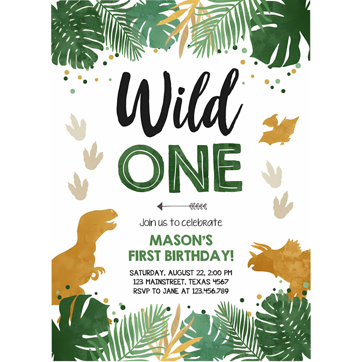 Editable wild one birthday invitation dinosaur dino party boy 1st first birthday green gold born to be wild corjl template printable 0146 4