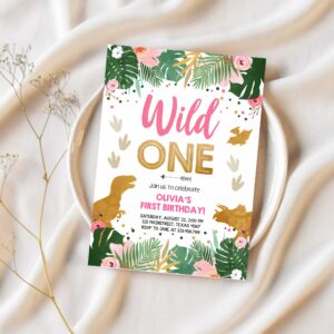 Editable wild one birthday invitation dinosaur dino party girl 1st first birthday pink gold born to be wild corjl template printable 0146 1