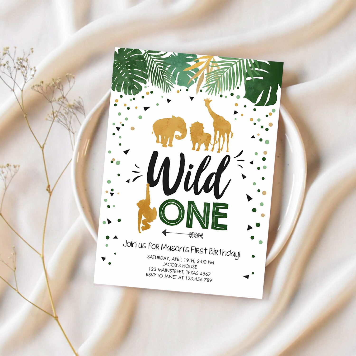 Editable wild one birthday invitation safari animals black gold zoo jungle wild animals party download printable corjl template digital 0016 1