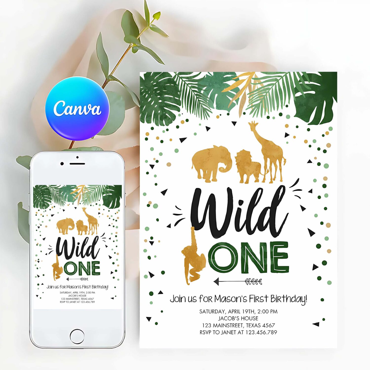 Editable wild one birthday invitation safari animals black gold zoo jungle wild animals party download printable corjl template digital 0016
