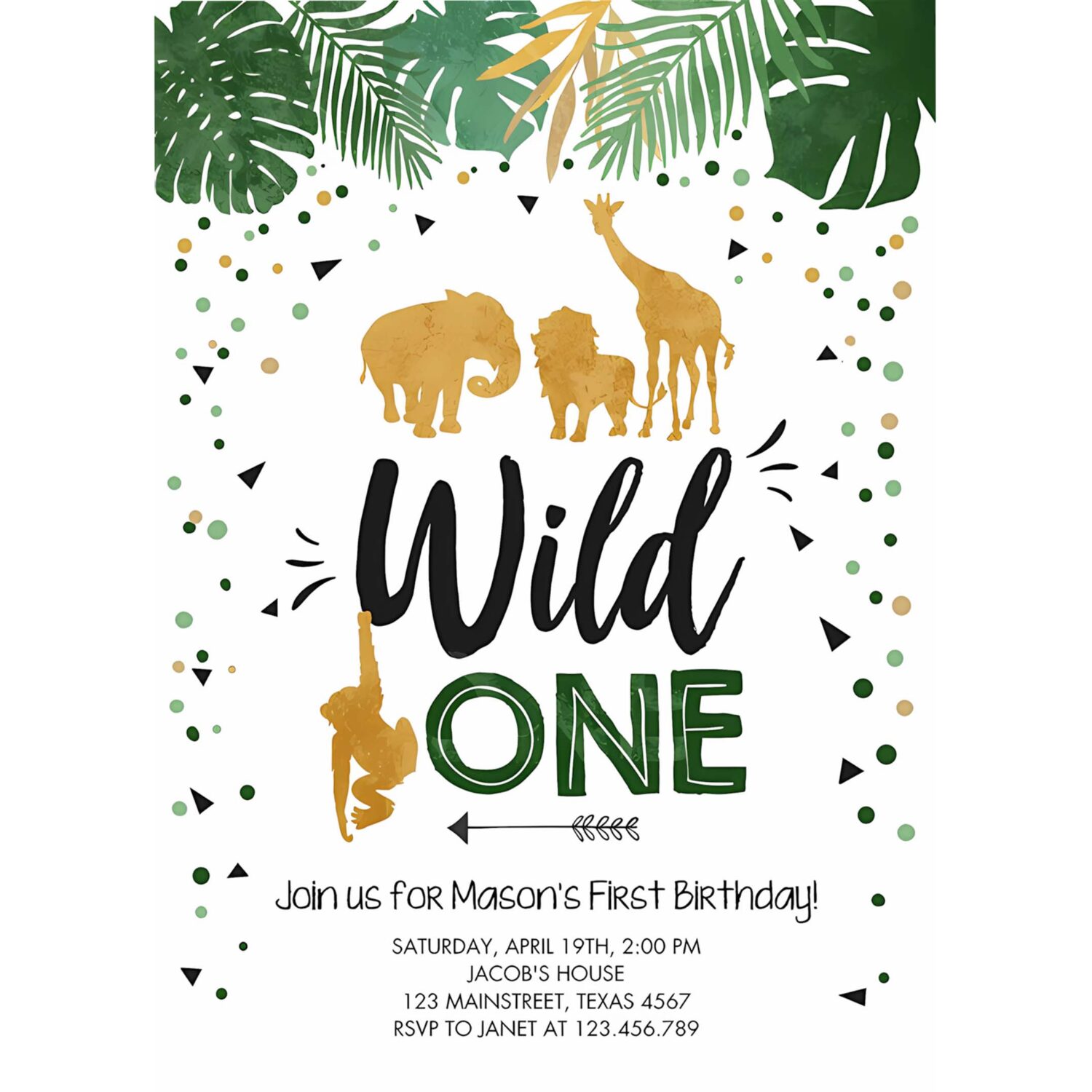 Editable wild one birthday invitation safari animals black gold zoo jungle wild animals party download printable corjl template digital 0016 4
