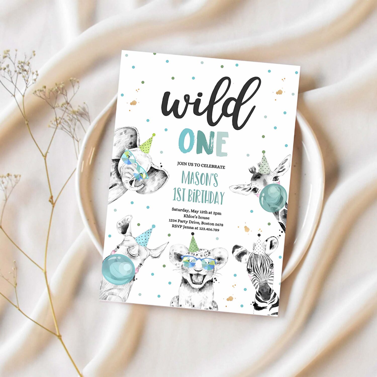 Editable wild one birthday invitation safari animals invite jungle safari animal party modern monochrome safari party 1