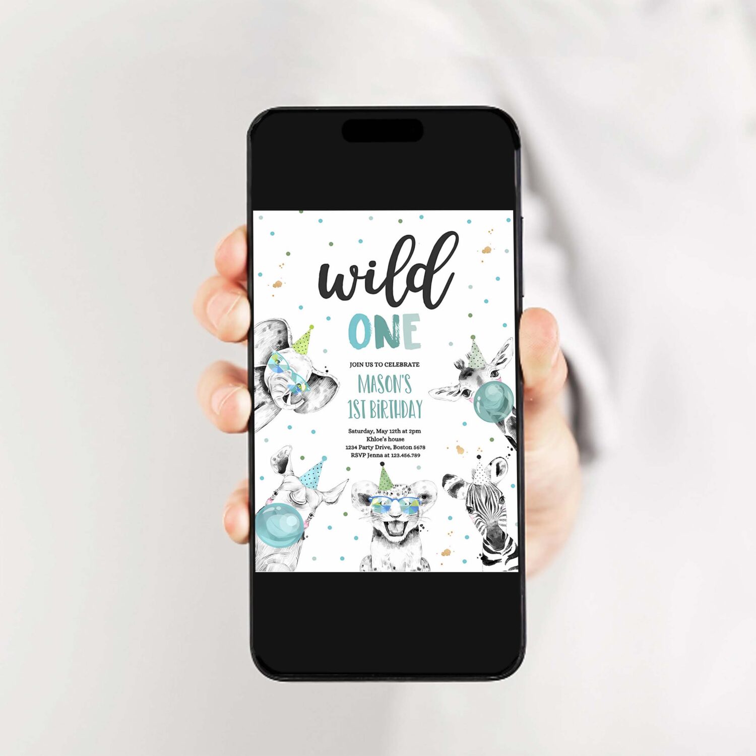 Editable wild one birthday invitation safari animals invite jungle safari animal party modern monochrome safari party 2