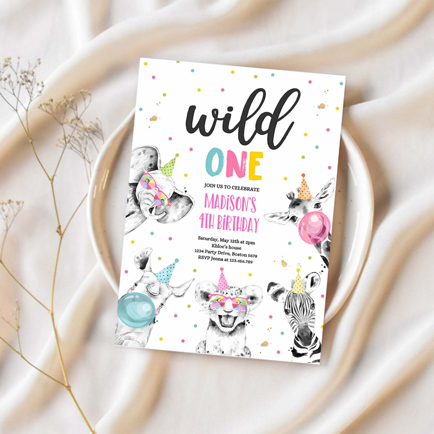 Editable wild one birthday invitation safari animals invite jungle safari animal party pink gold monochrome safari party 1