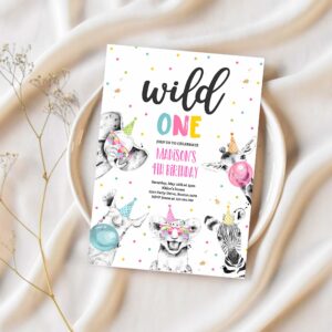 Editable wild one birthday invitation safari animals invite jungle safari animal party pink gold monochrome safari party 1
