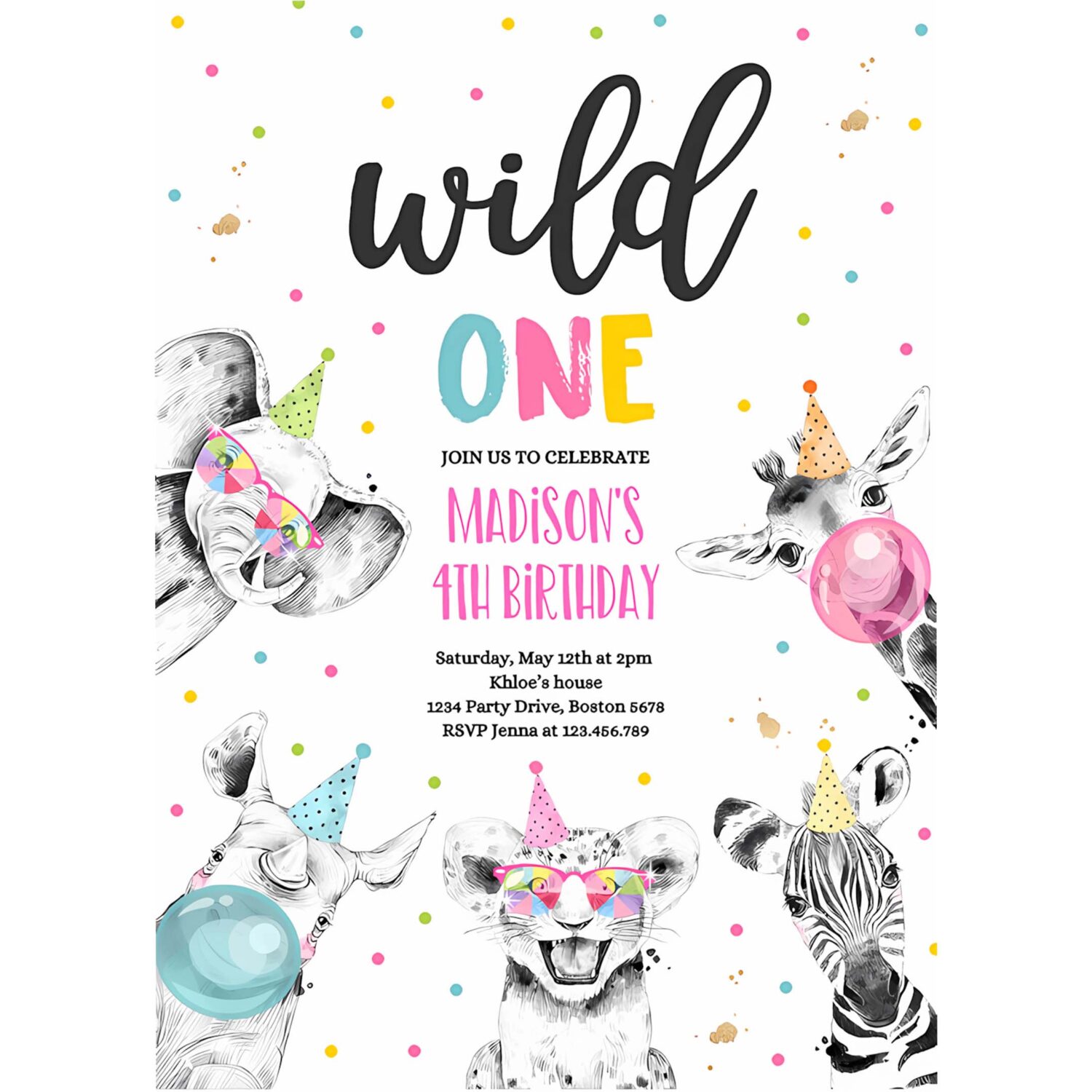 Editable wild one birthday invitation safari animals invite jungle safari animal party pink gold monochrome safari party 4