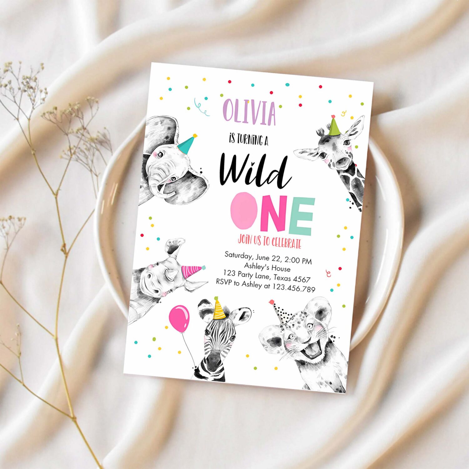 Editable wild one birthday invitation safari animals party animals girl pink gold first birthday 1st confetti corjl template printable 0390 1