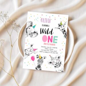 Editable wild one birthday invitation safari animals party animals girl pink gold first birthday 1st confetti corjl template printable 0390 1