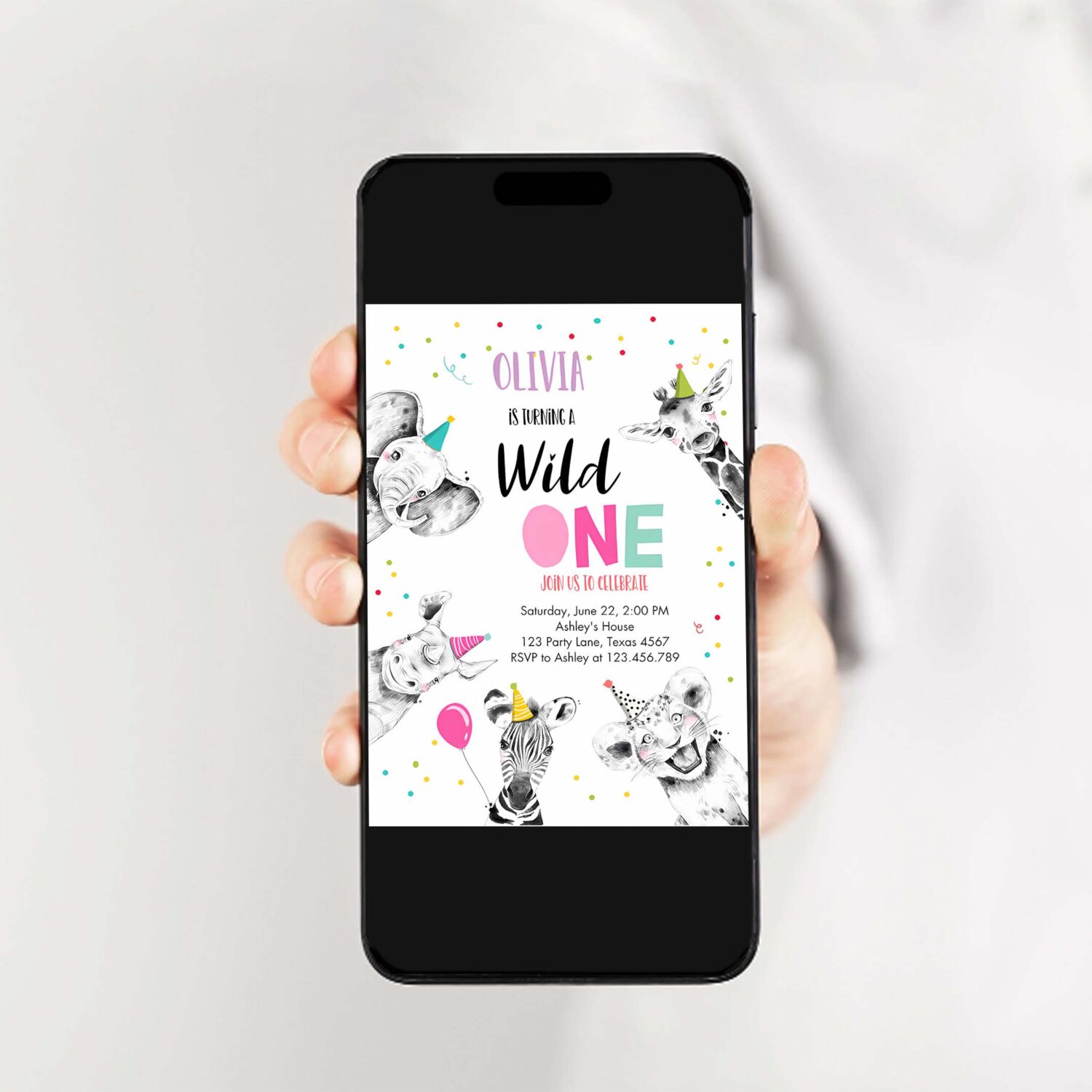 Editable wild one birthday invitation safari animals party animals girl pink gold first birthday 1st confetti corjl template printable 0390 2