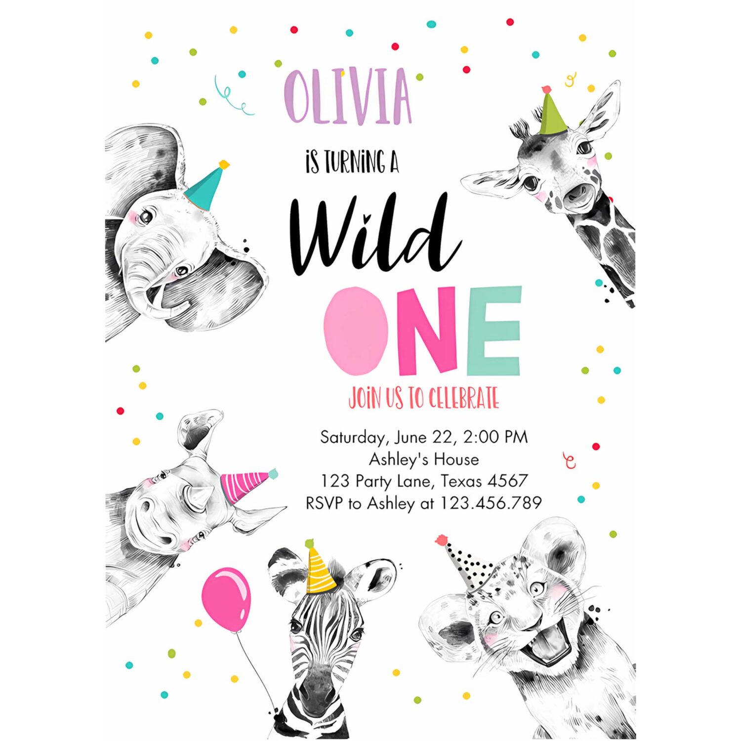 Editable wild one birthday invitation safari animals party animals girl pink gold first birthday 1st confetti corjl template printable 0390 4