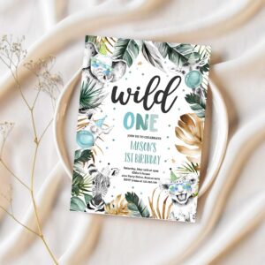 Editable wild one birthday party invitation safari animals invite jungle safari animal party modern monochrome safari party 1