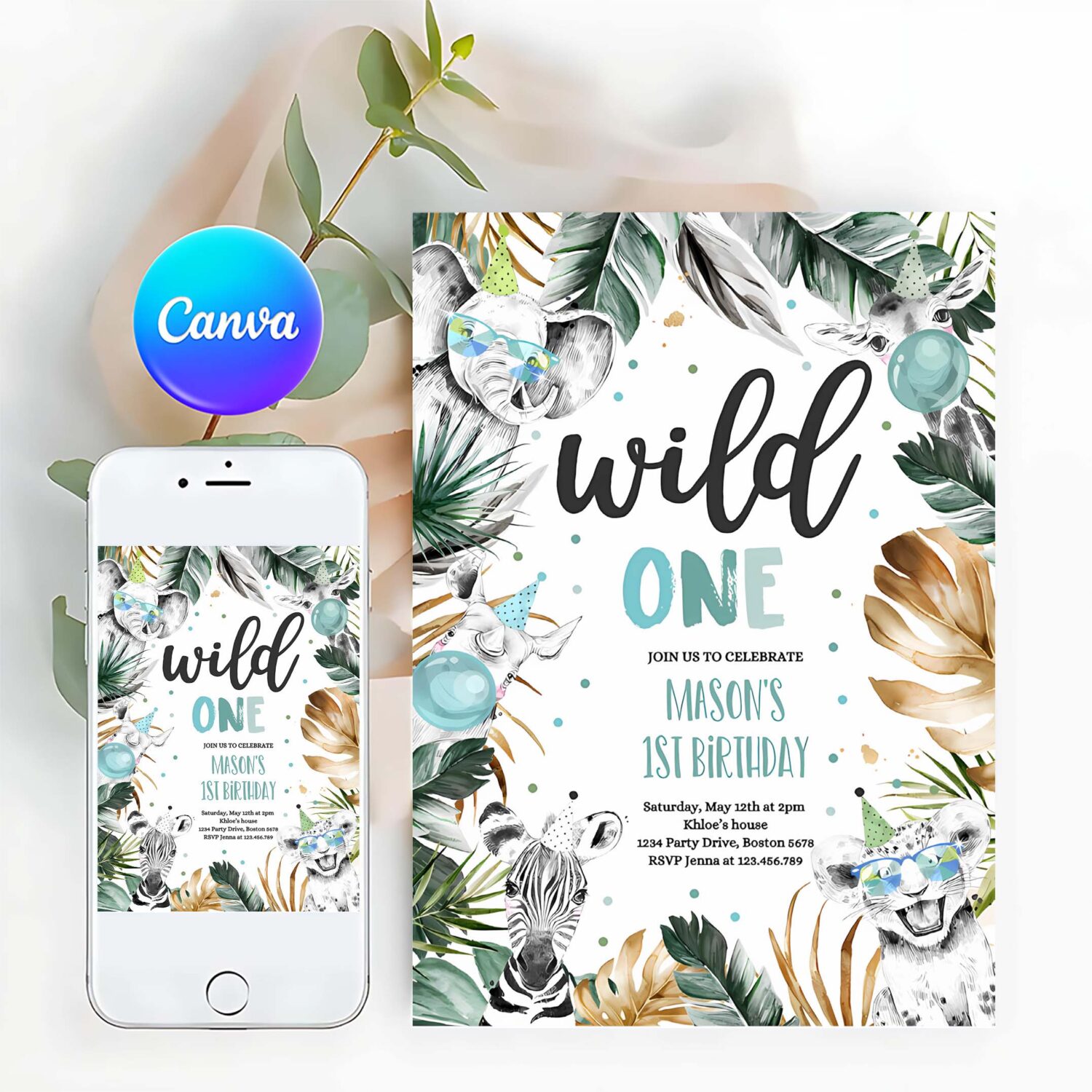 Editable wild one birthday party invitation safari animals invite jungle safari animal party modern monochrome safari party