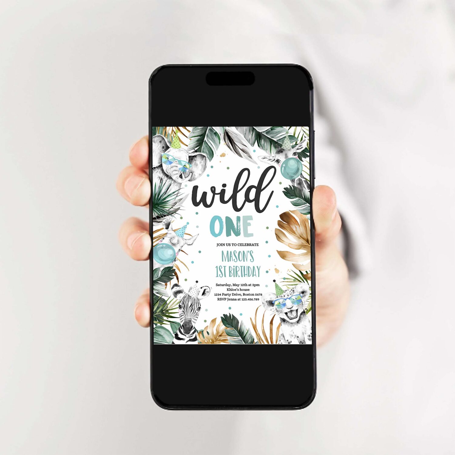 Editable wild one birthday party invitation safari animals invite jungle safari animal party modern monochrome safari party 2