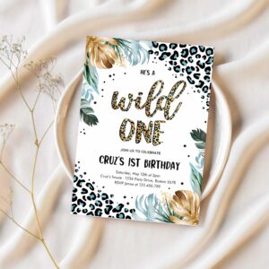 Editable wild one leopard print jungle birthday party invitation blue boy leopard print wild one 1st birthday party 1