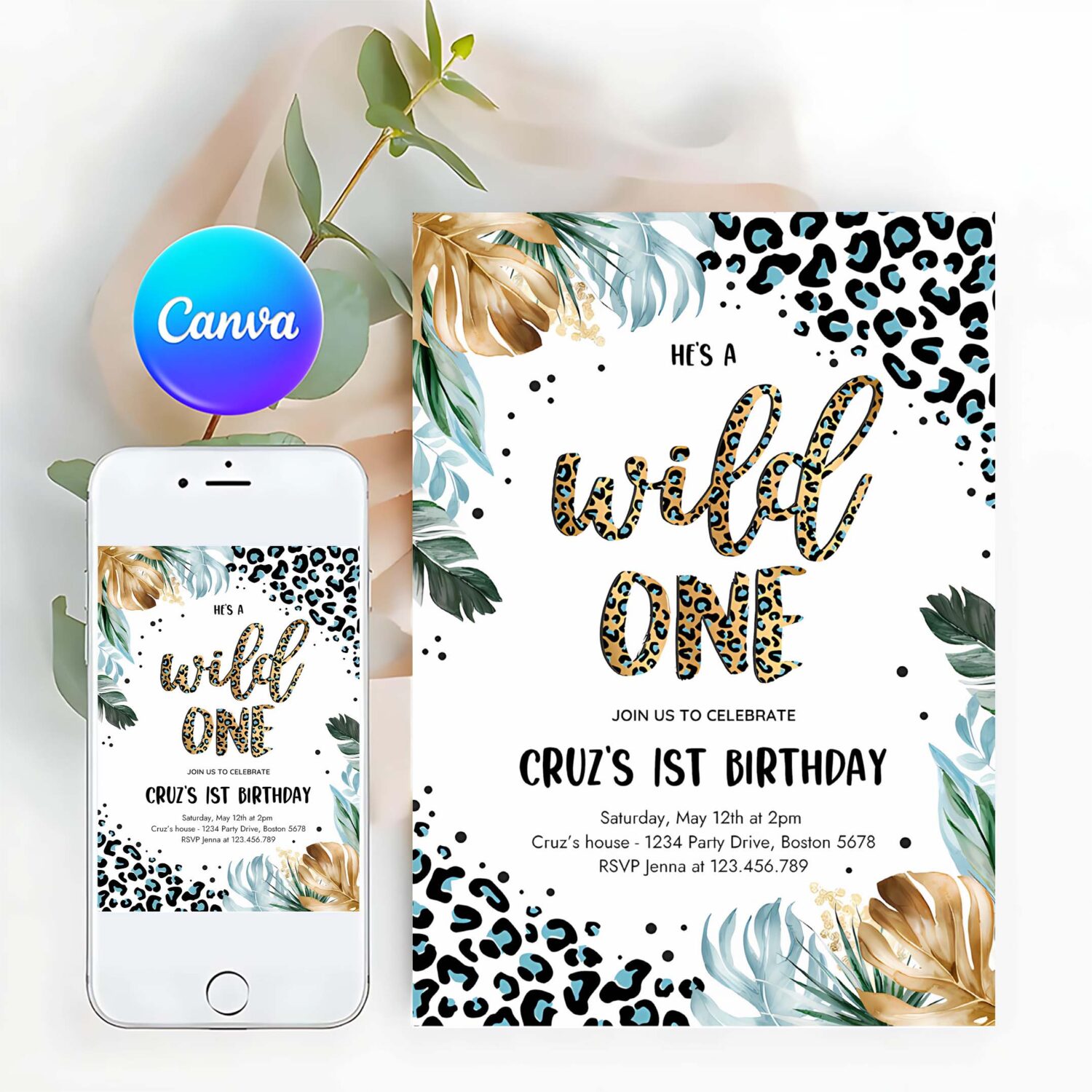 Editable wild one leopard print jungle birthday party invitation blue boy leopard print wild one 1st birthday party