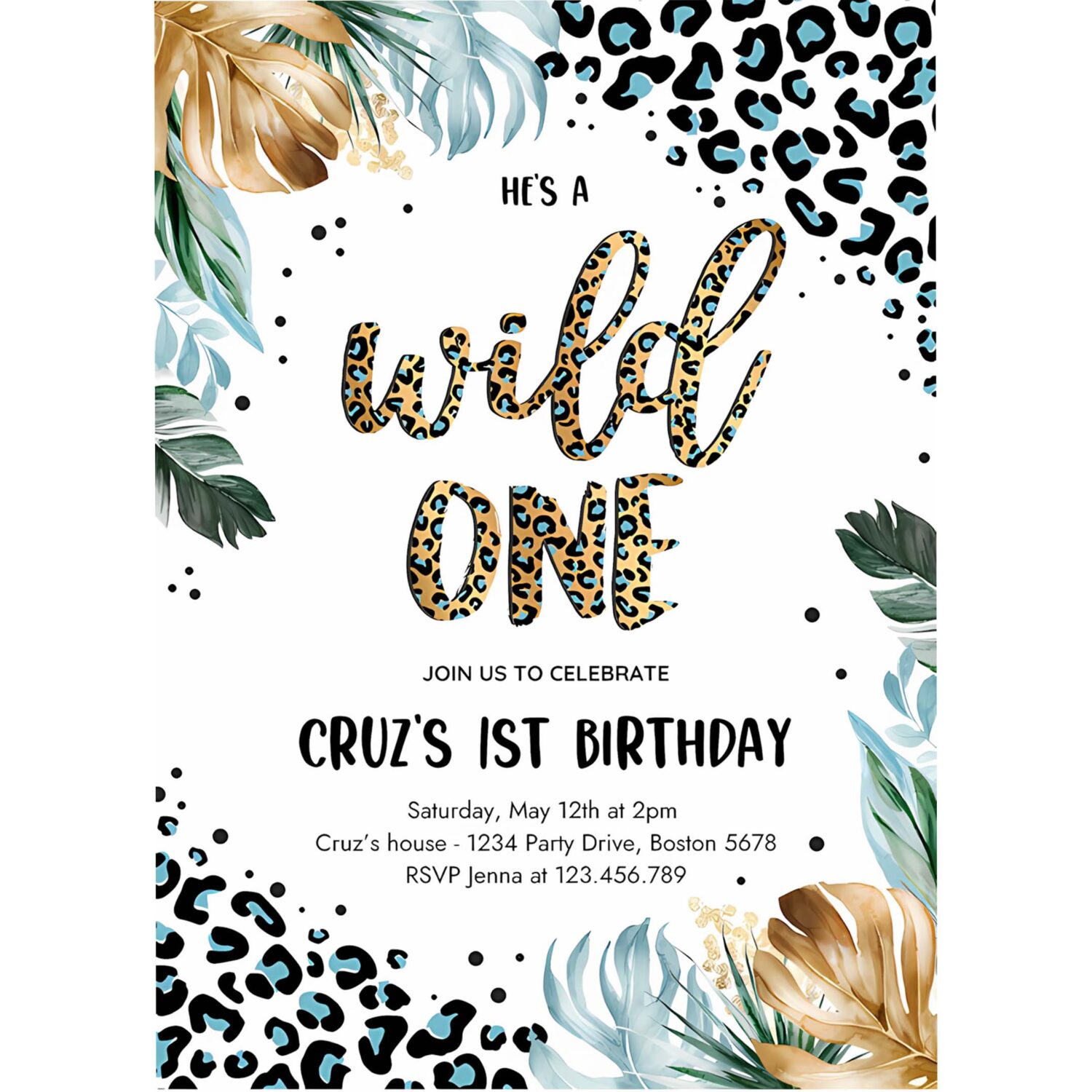 Editable wild one leopard print jungle birthday party invitation blue boy leopard print wild one 1st birthday party 4