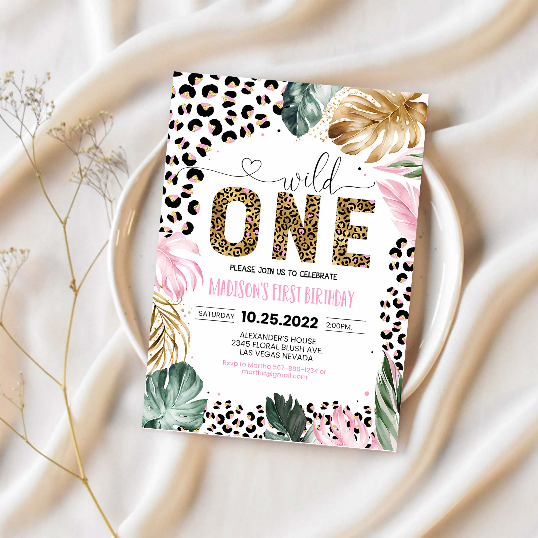 Editable Wild One Leopard Print Jungle Birthday Party Invitation Leopard Print 1st Birthday Template