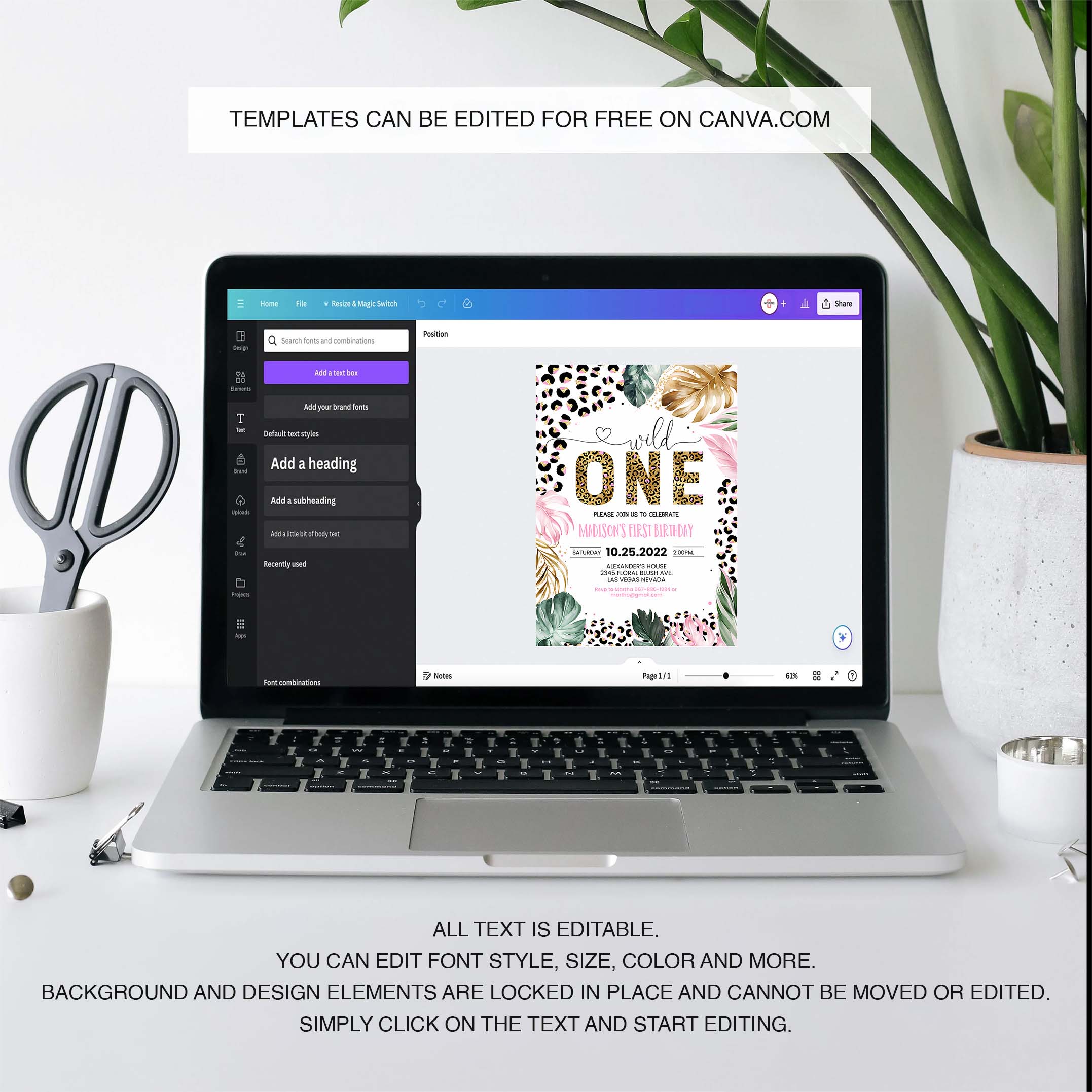 Editable Wild One Leopard Print Jungle Birthday Party Invitation Leopard Print 1st Birthday Template