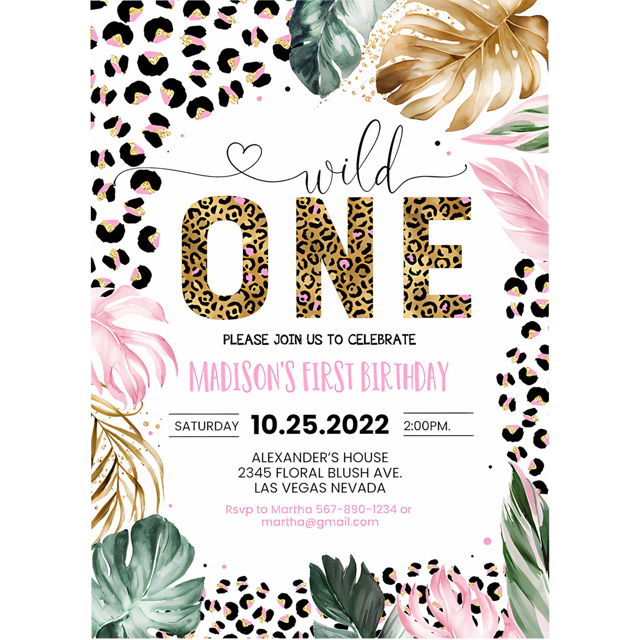 Editable Wild One Leopard Print Jungle Birthday Party Invitation Leopard Print 1st Birthday Template