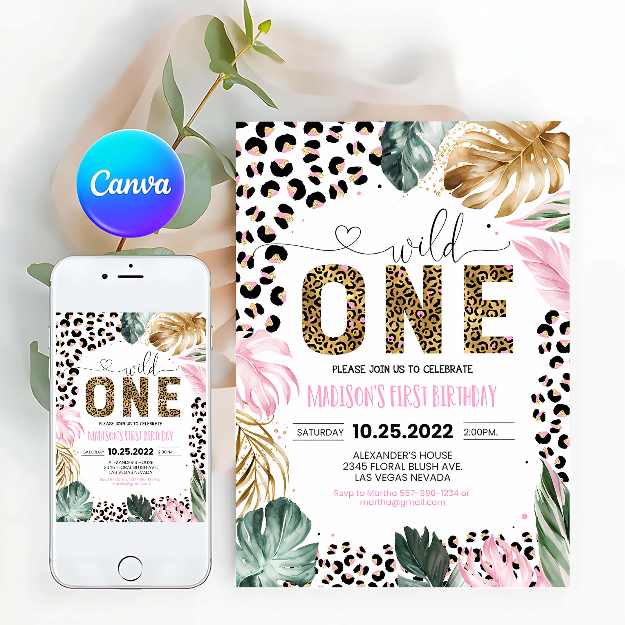 Editable Wild One Leopard Print Jungle Birthday Party Invitation Leopard Print 1st Birthday Template