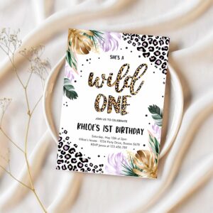 Editable wild one leopard print jungle birthday party invitation leopard print wild one 1st birthday party 1