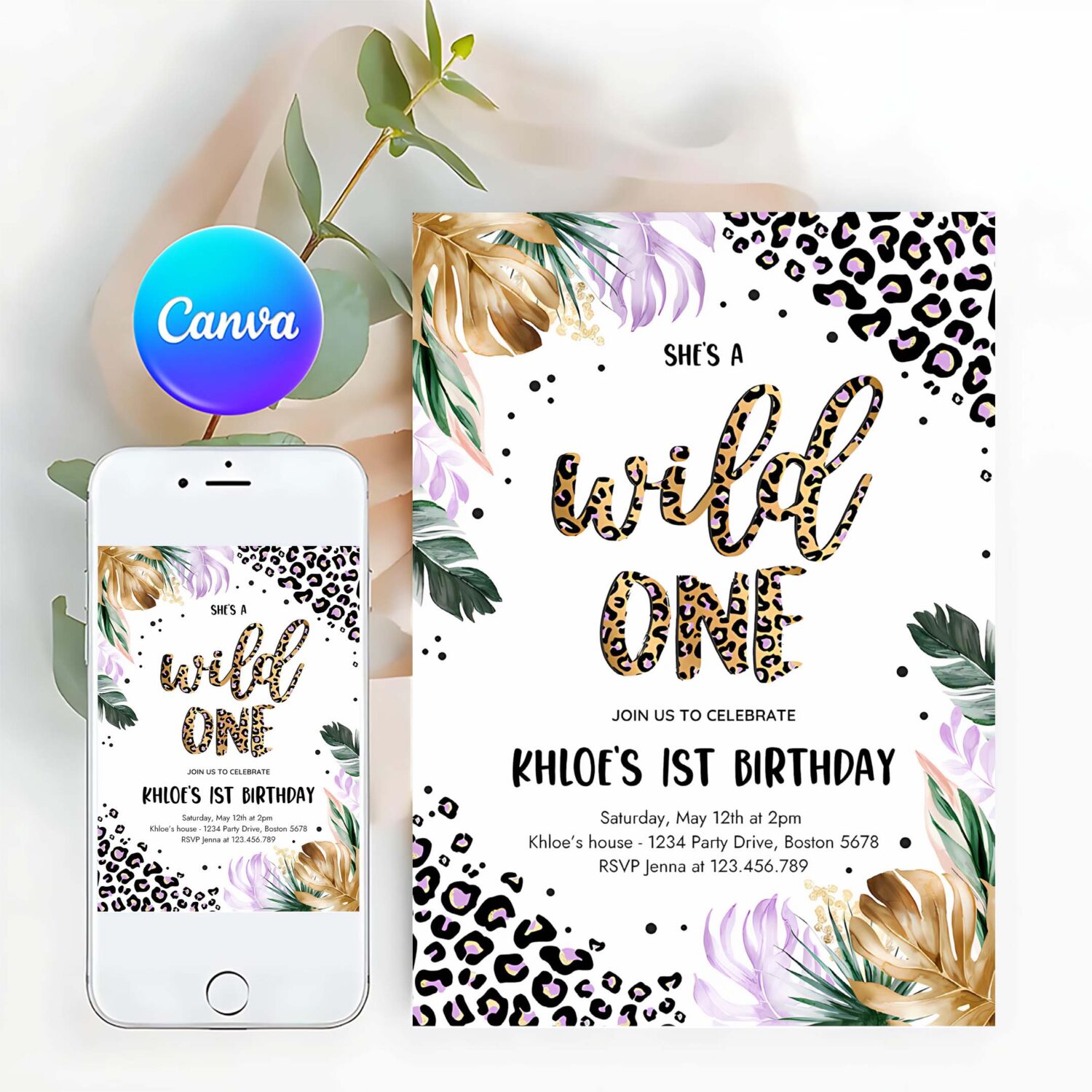 Editable wild one leopard print jungle birthday party invitation leopard print wild one 1st birthday party