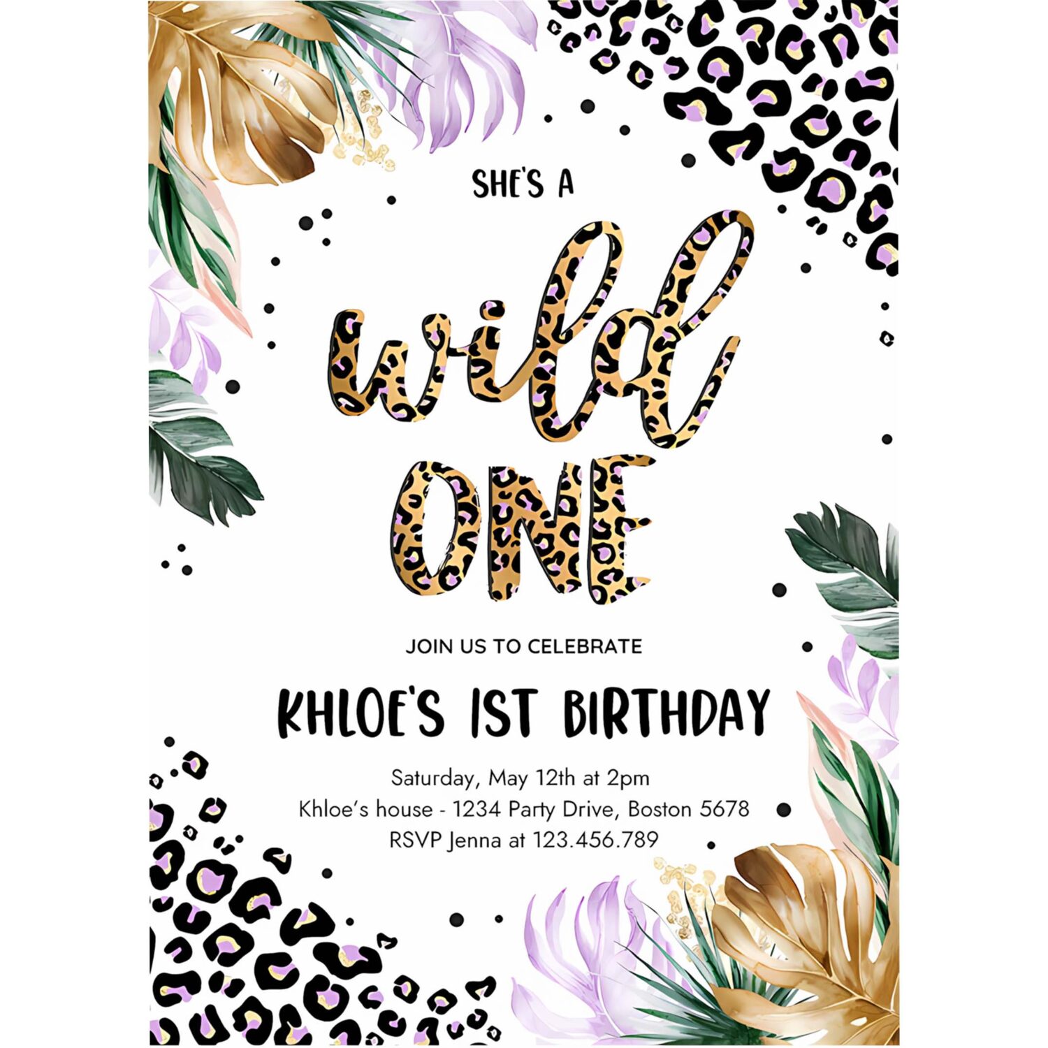 Editable wild one leopard print jungle birthday party invitation leopard print wild one 1st birthday party 4