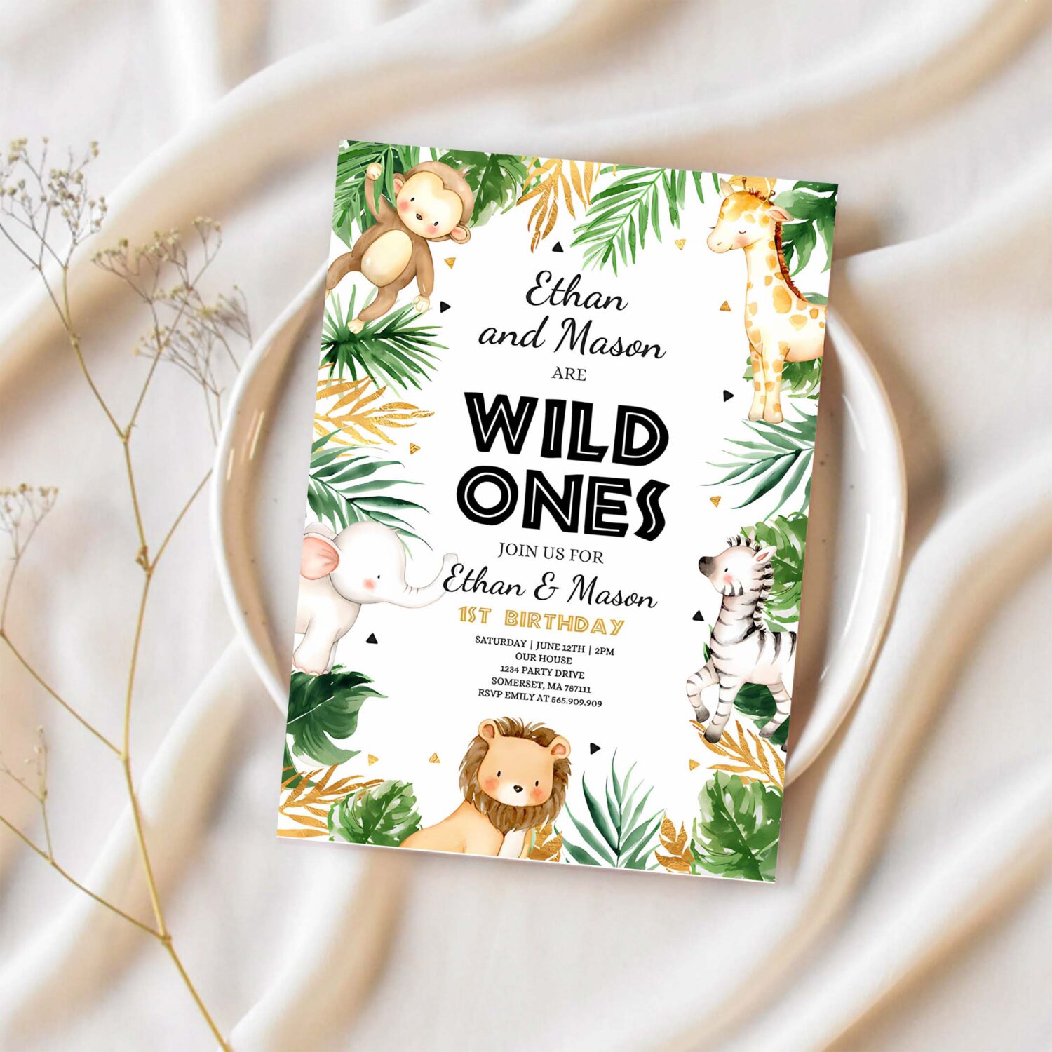 Editable wild one twins birthday invitation safari animals invitation twins jungle safari animal party gold wild ones 1