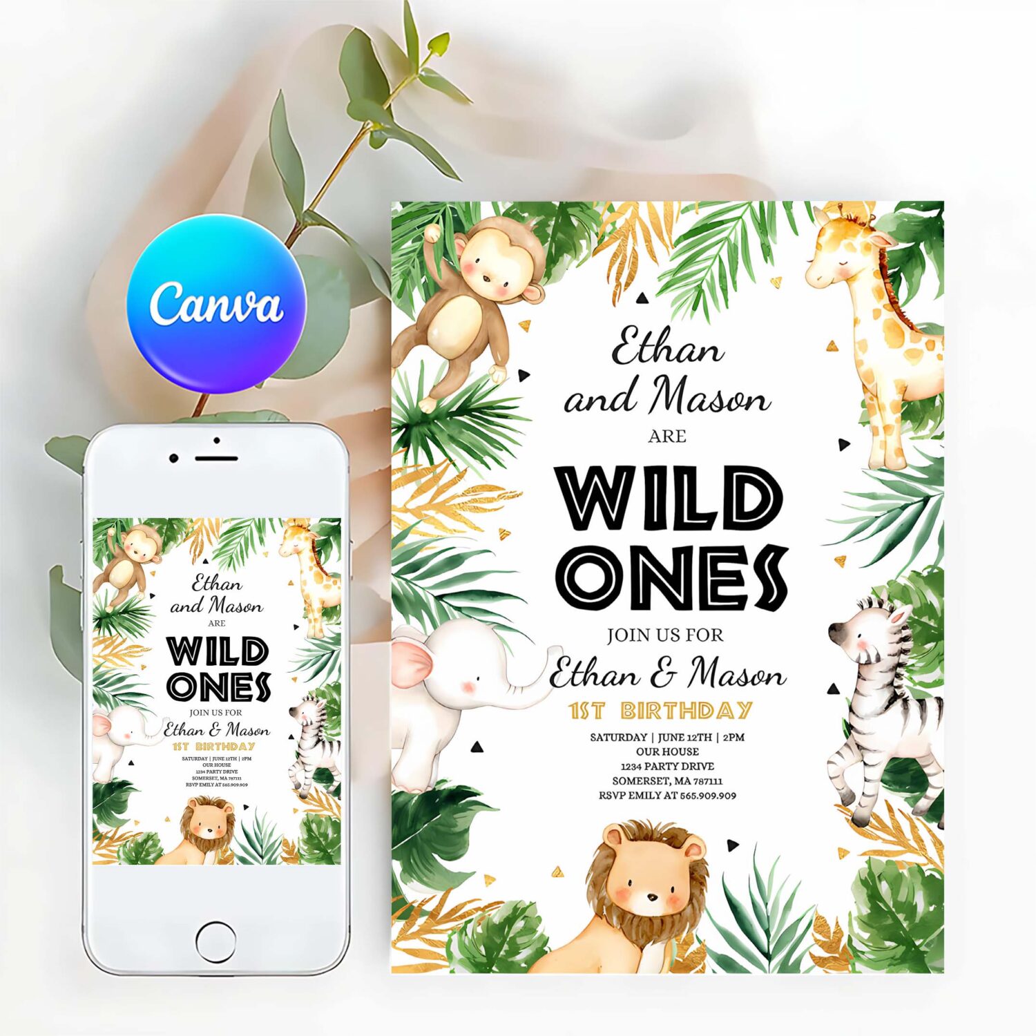 Editable wild one twins birthday invitation safari animals invitation twins jungle safari animal party gold wild ones