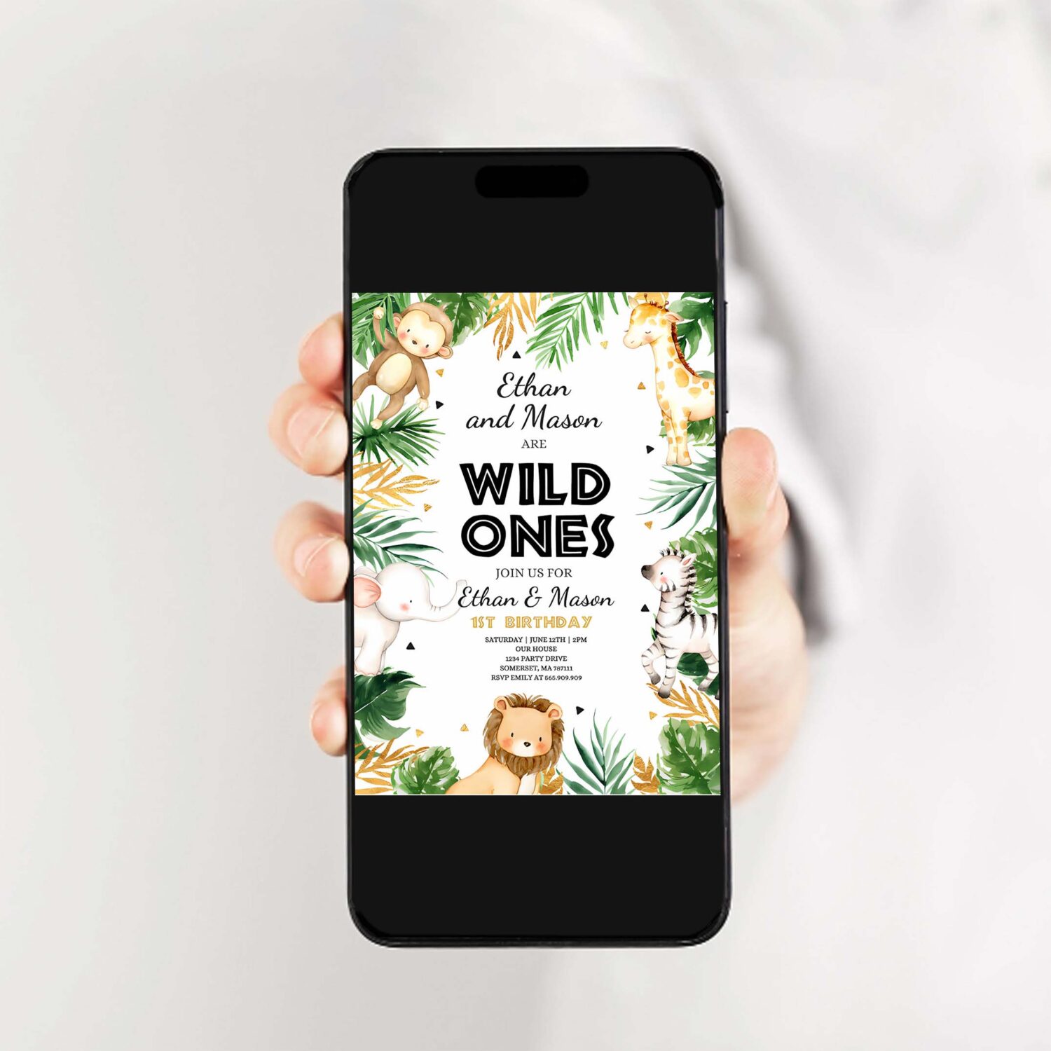 Editable wild one twins birthday invitation safari animals invitation twins jungle safari animal party gold wild ones 2