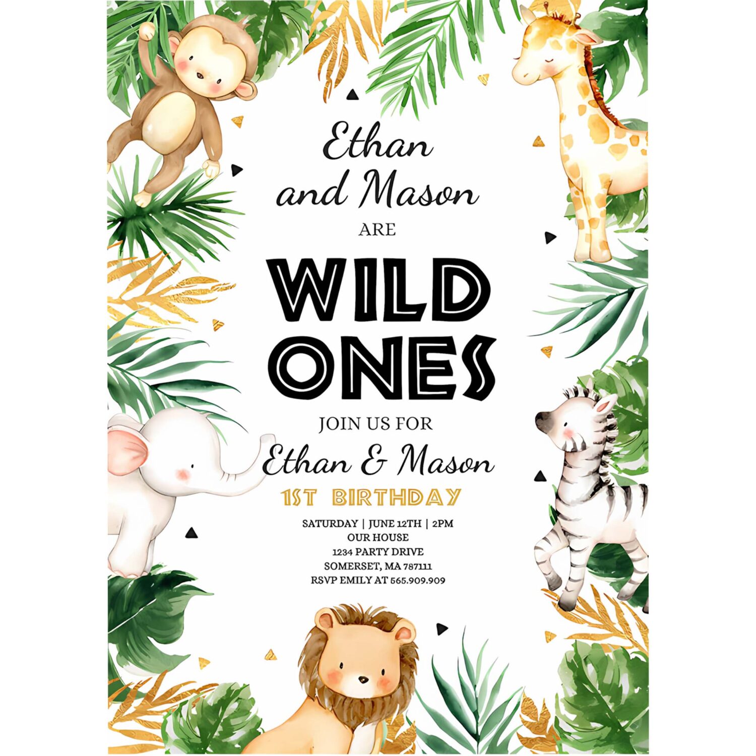 Editable wild one twins birthday invitation safari animals invitation twins jungle safari animal party gold wild ones 4