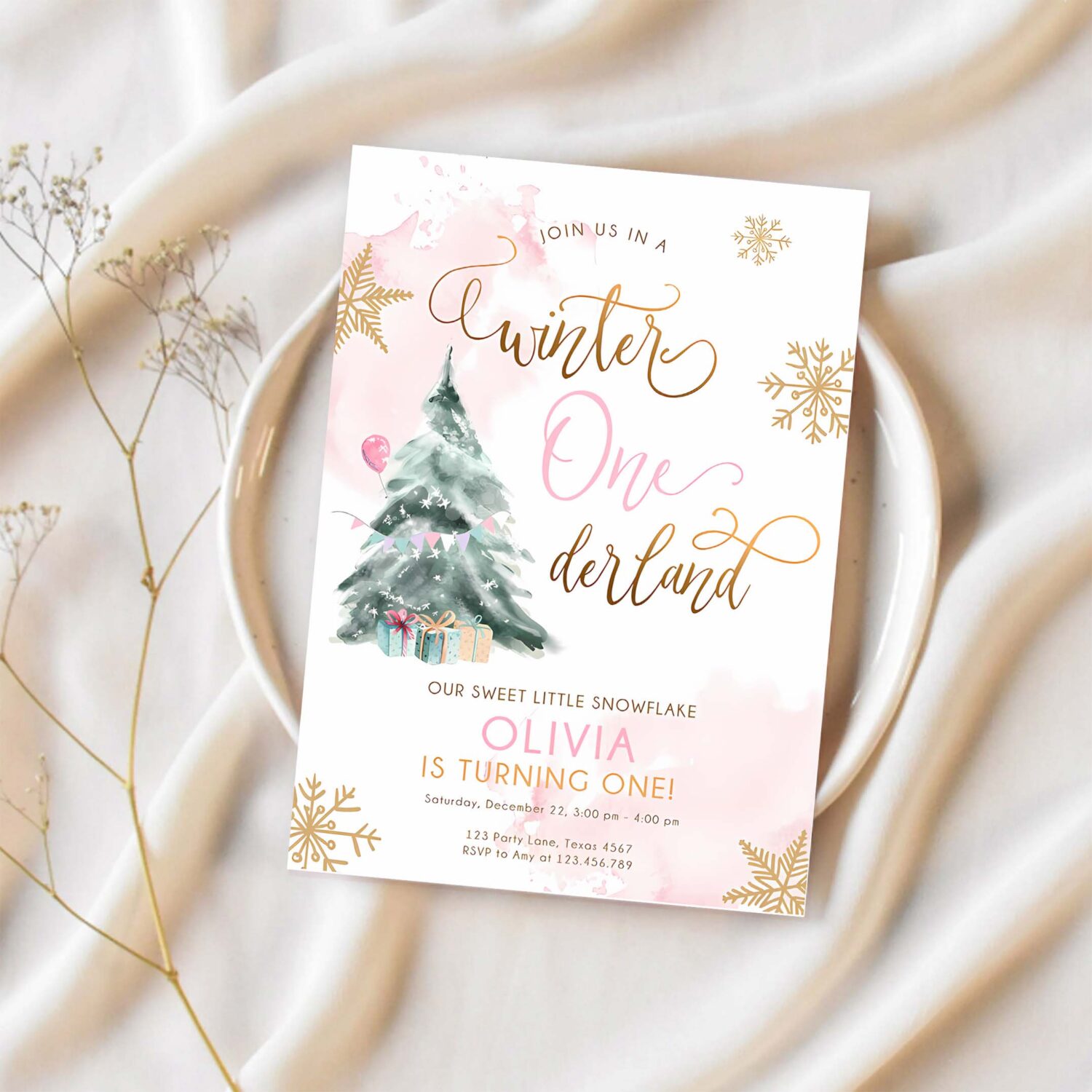 Editable winter onederland birthday invitation first birthday 1st girl pink gold watercolor tree christmas snowflake corjl template 0363 1