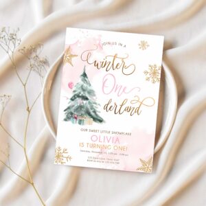 Editable winter onederland birthday invitation first birthday 1st girl pink gold watercolor tree christmas snowflake corjl template 0363 1