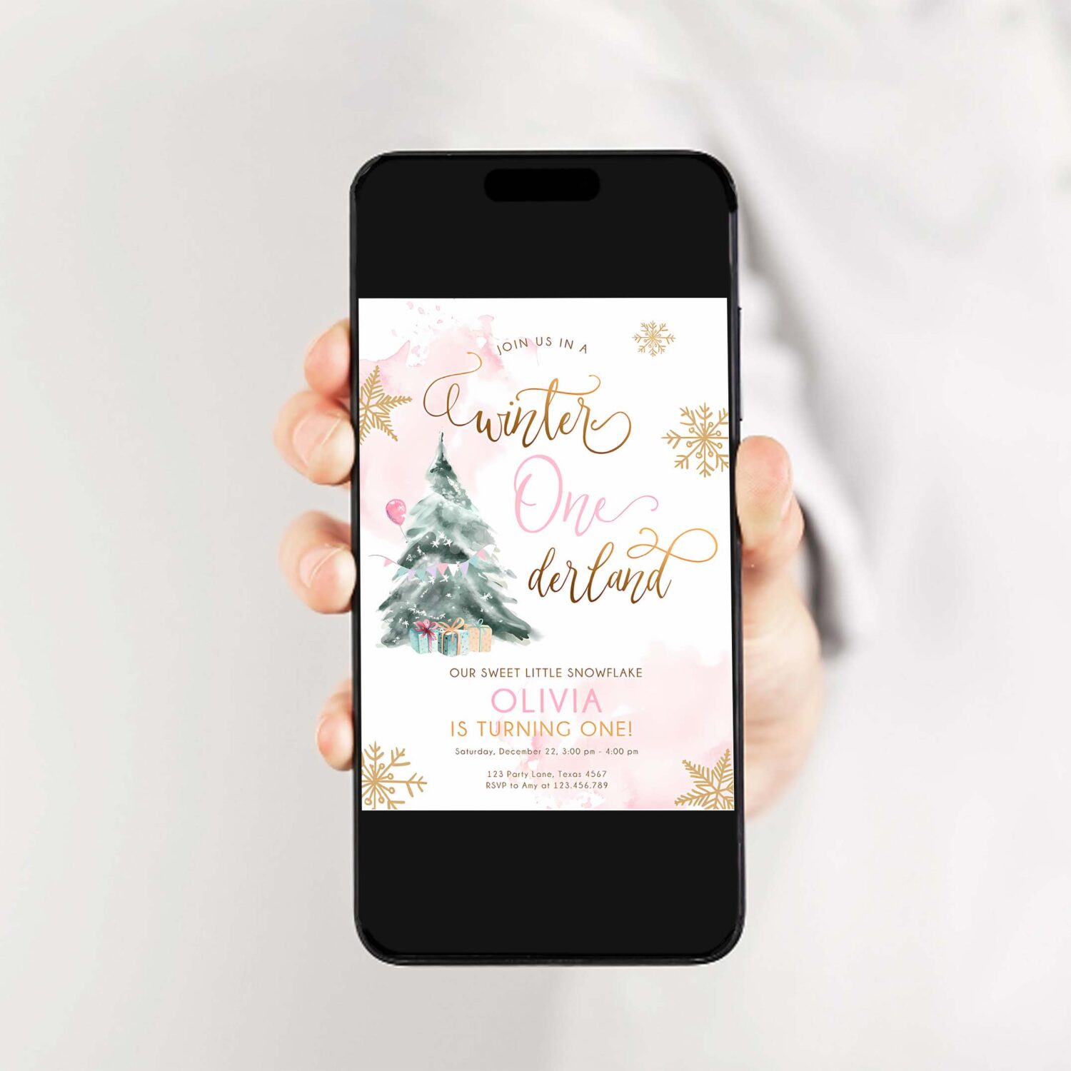 Editable winter onederland birthday invitation first birthday 1st girl pink gold watercolor tree christmas snowflake corjl template 0363 2