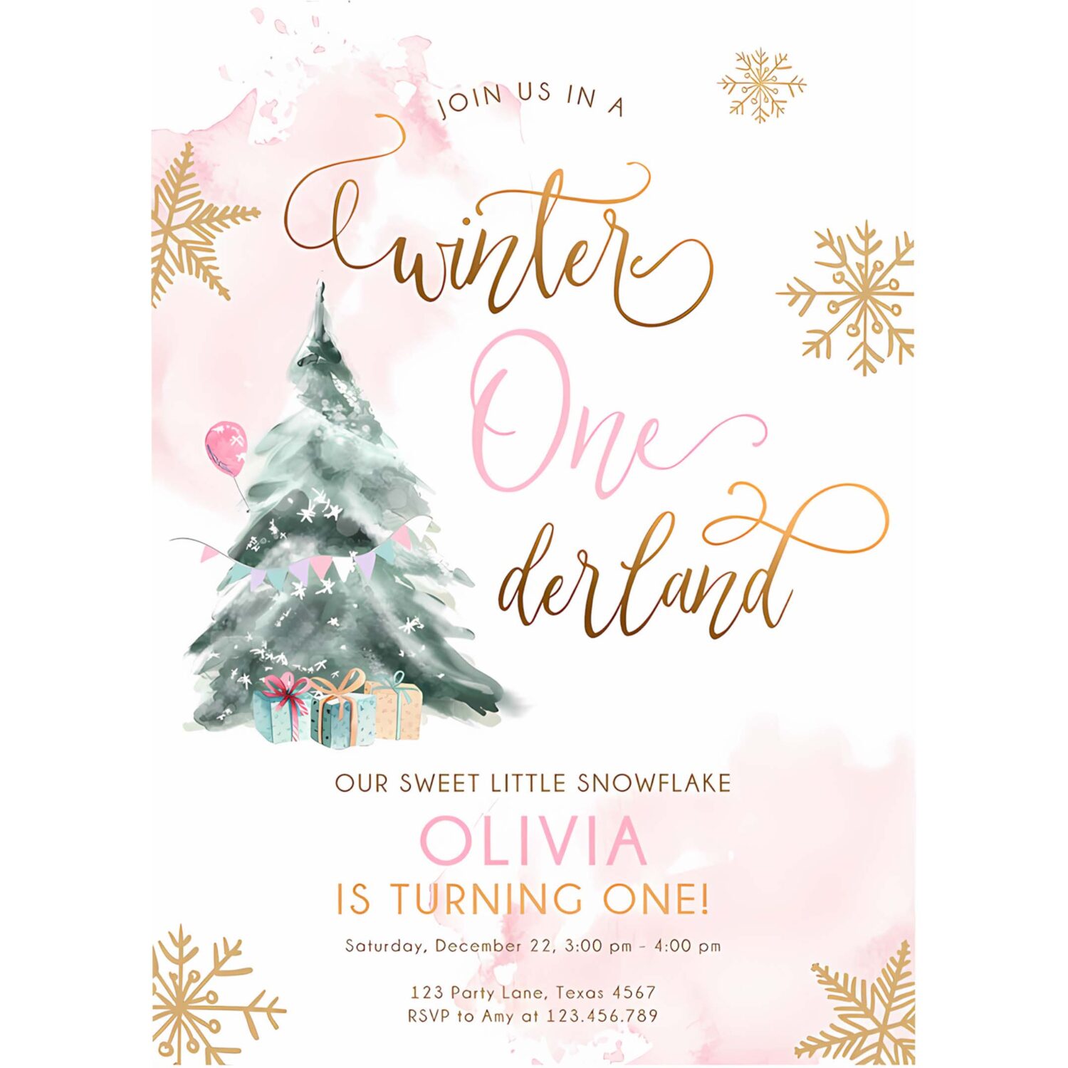 Editable winter onederland birthday invitation first birthday 1st girl pink gold watercolor tree christmas snowflake corjl template 0363 4