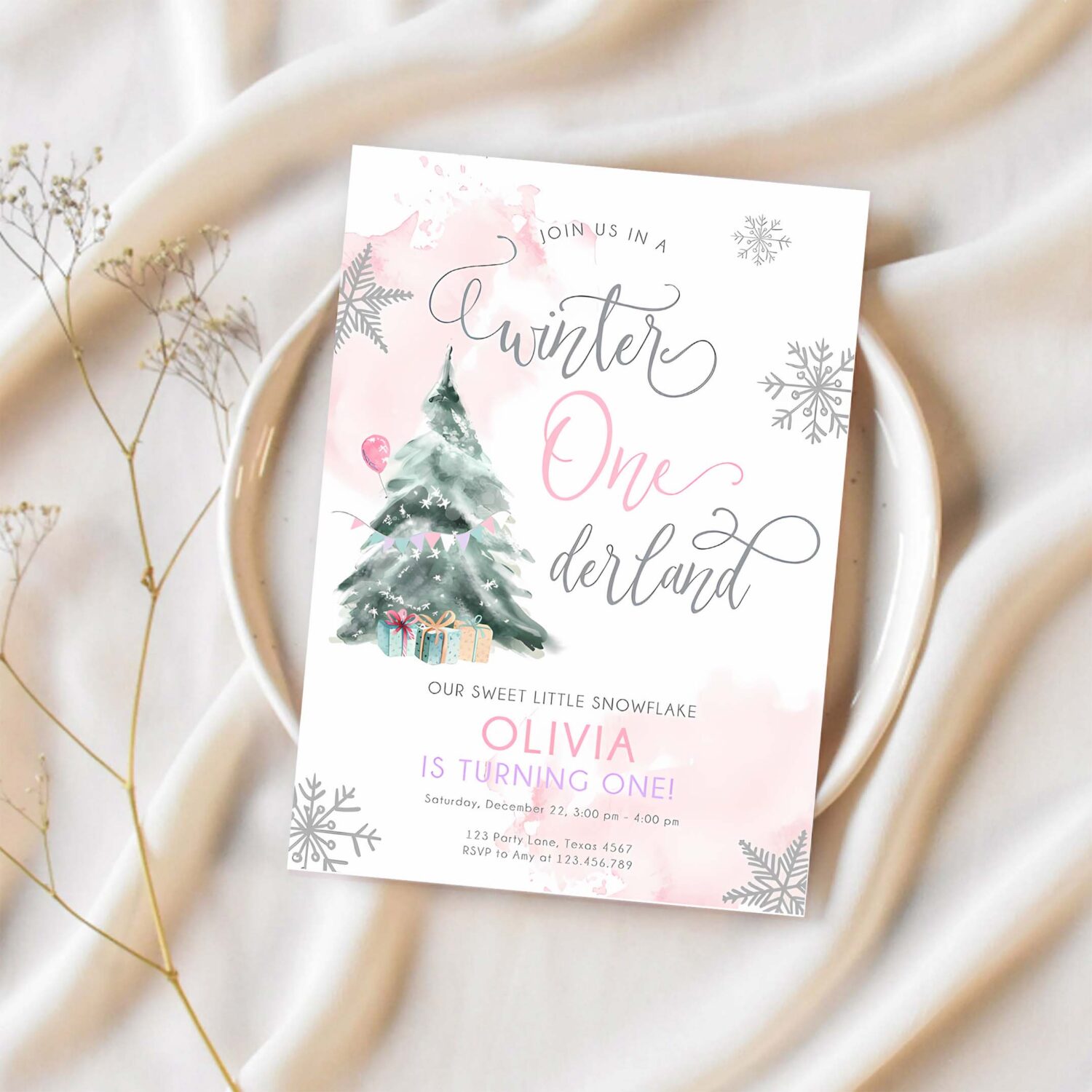 Editable winter onederland birthday invitation first birthday 1st girl pink snow watercolor tree christmas snowflake corjl template 0363 1