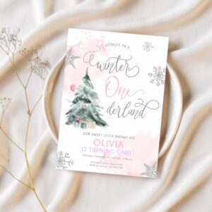 Editable winter onederland birthday invitation first birthday 1st girl pink snow watercolor tree christmas snowflake corjl template 0363 1