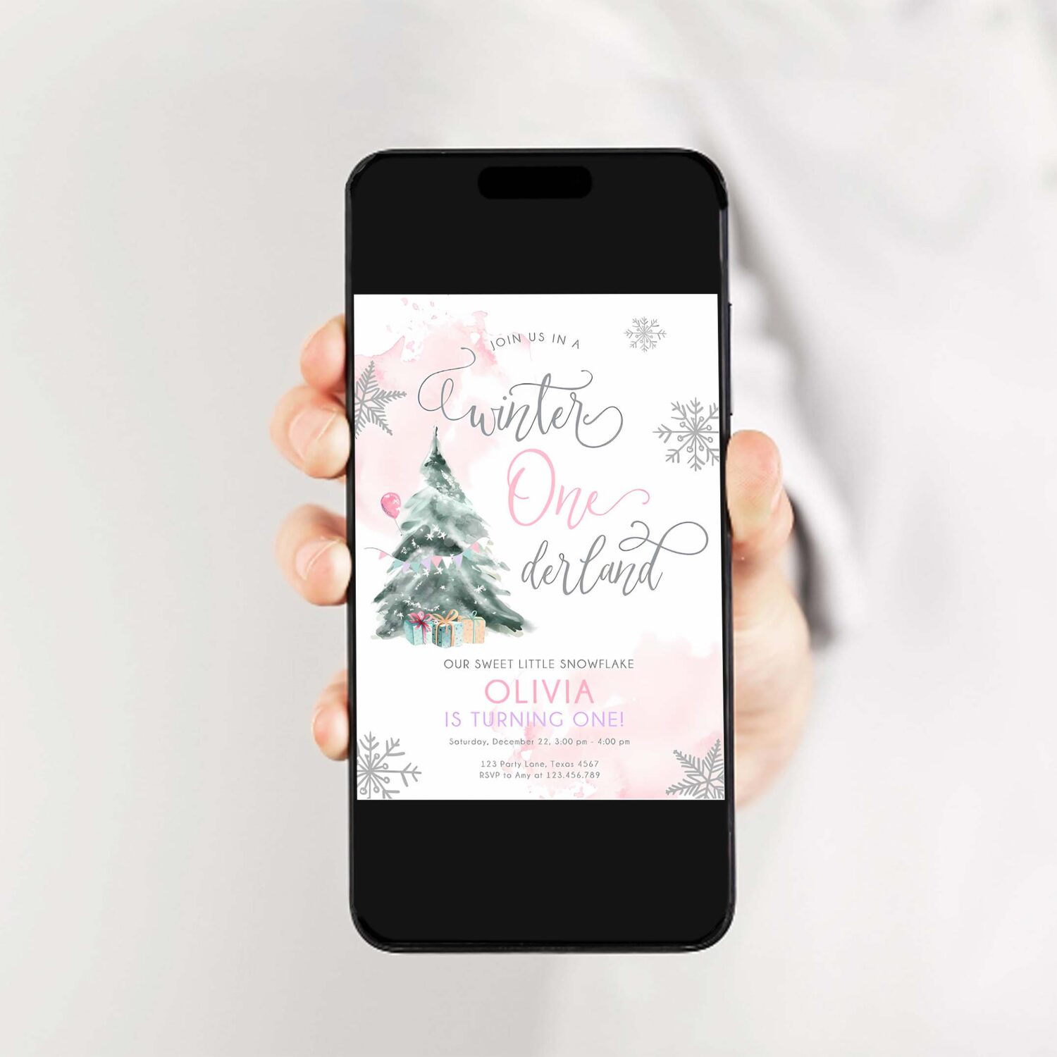 Editable winter onederland birthday invitation first birthday 1st girl pink snow watercolor tree christmas snowflake corjl template 0363 2