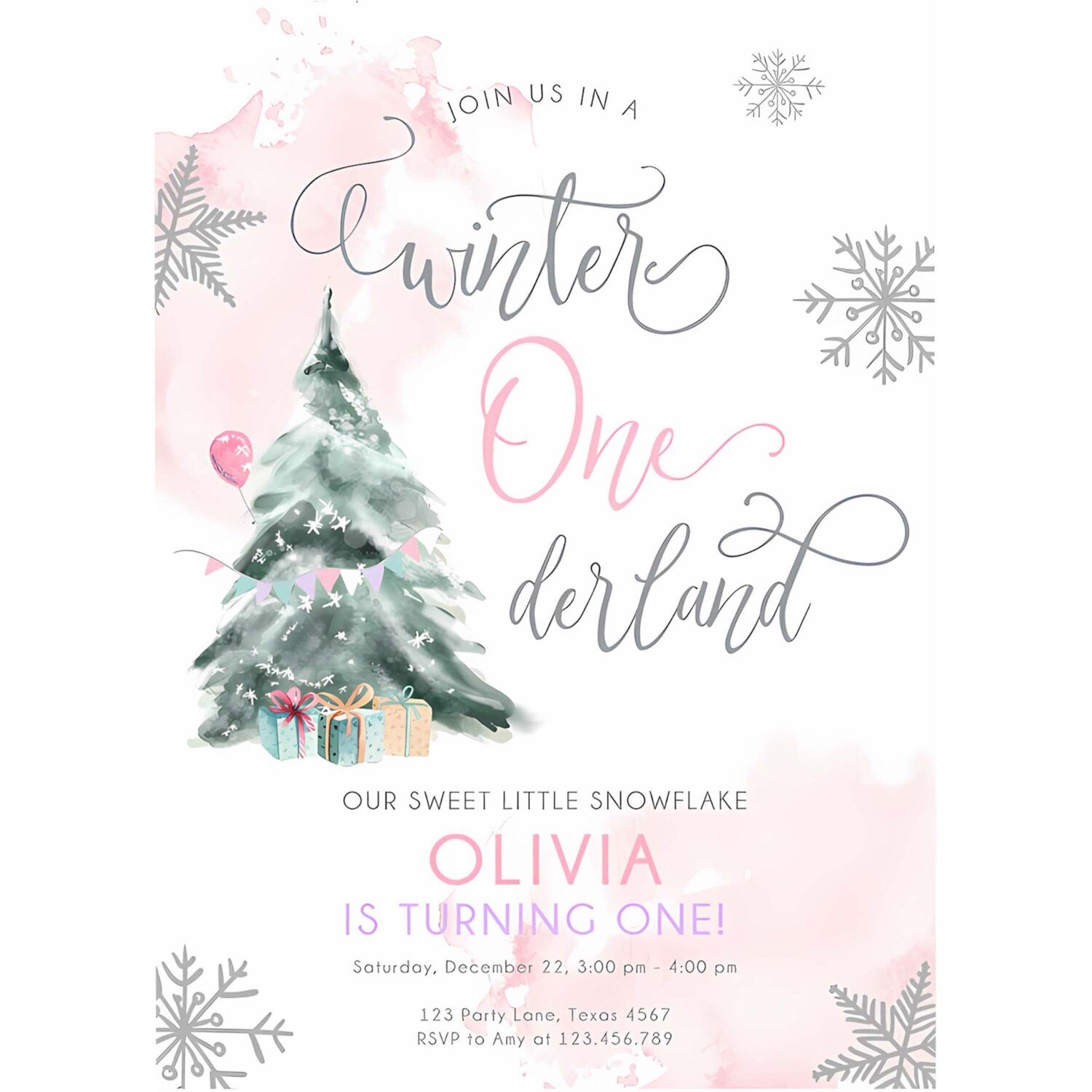 Editable winter onederland birthday invitation first birthday 1st girl pink snow watercolor tree christmas snowflake corjl template 0363 4