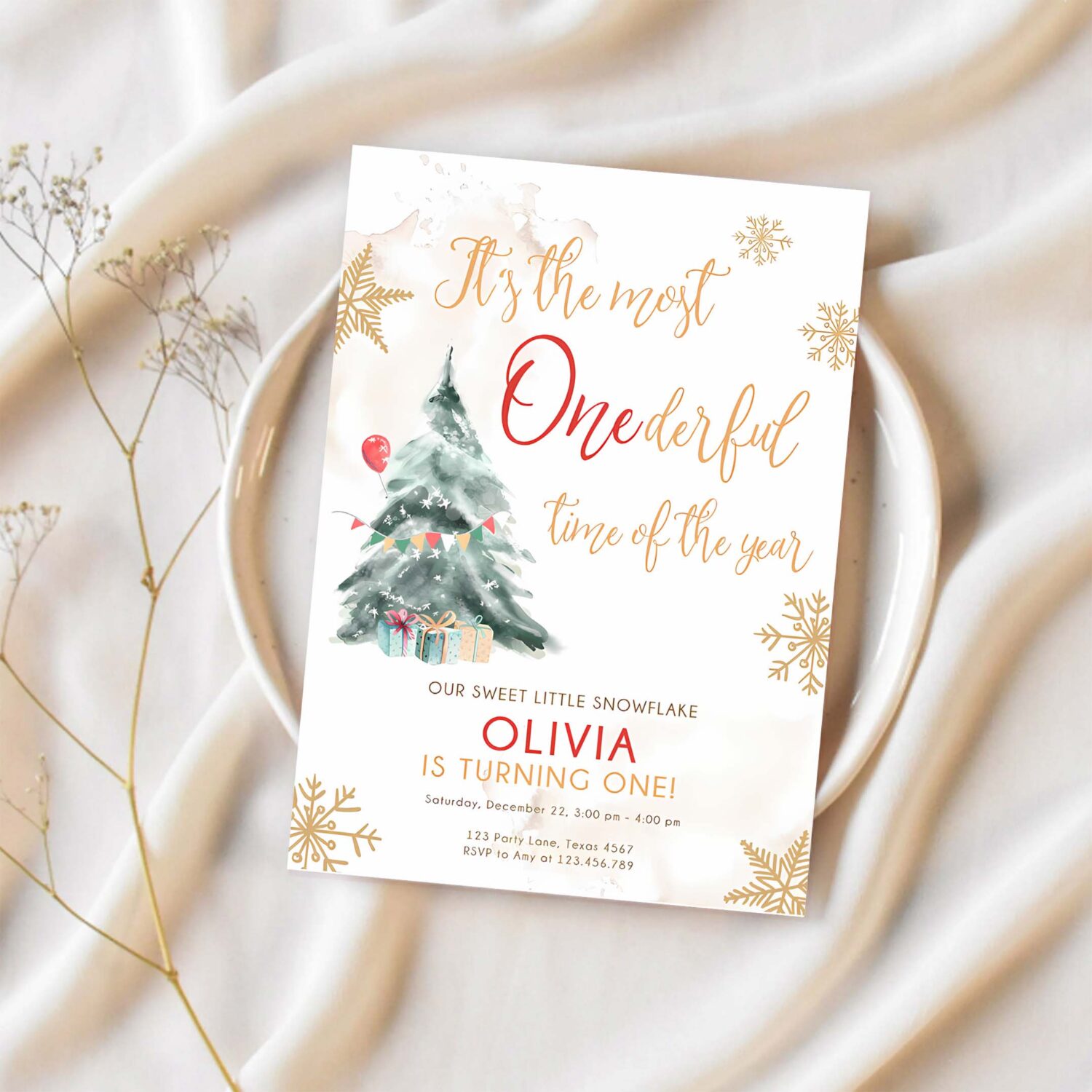 Editable winter onederland birthday invitation first birthday 1st most onederful time red gold tree christmas snowflake corjl template 0363 1