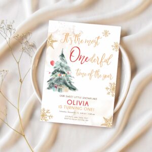 Editable winter onederland birthday invitation first birthday 1st most onederful time red gold tree christmas snowflake corjl template 0363 1