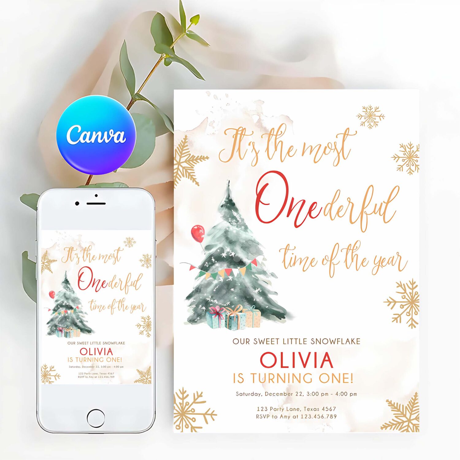 Editable winter onederland birthday invitation first birthday 1st most onederful time red gold tree christmas snowflake corjl template 0363