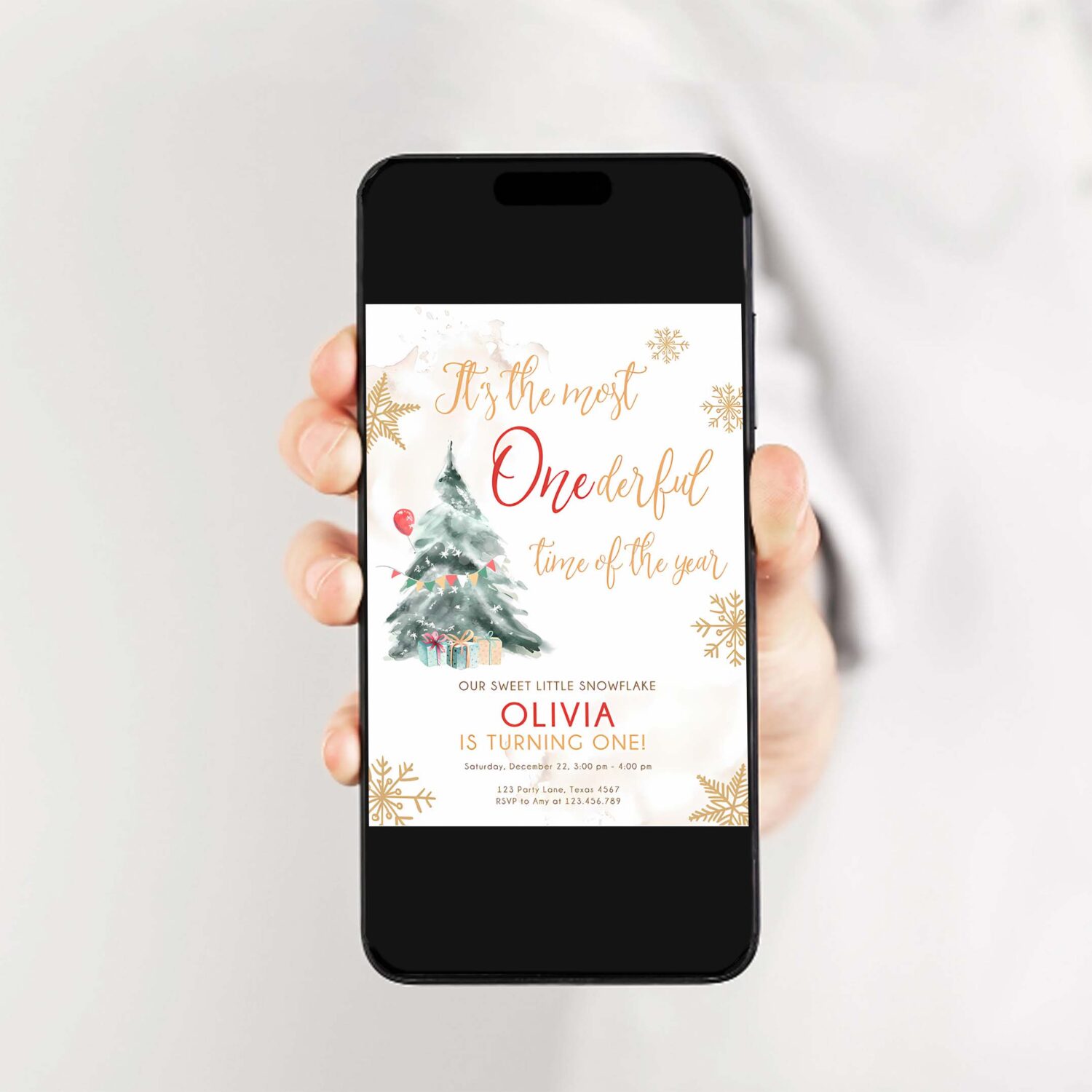 Editable winter onederland birthday invitation first birthday 1st most onederful time red gold tree christmas snowflake corjl template 0363 2