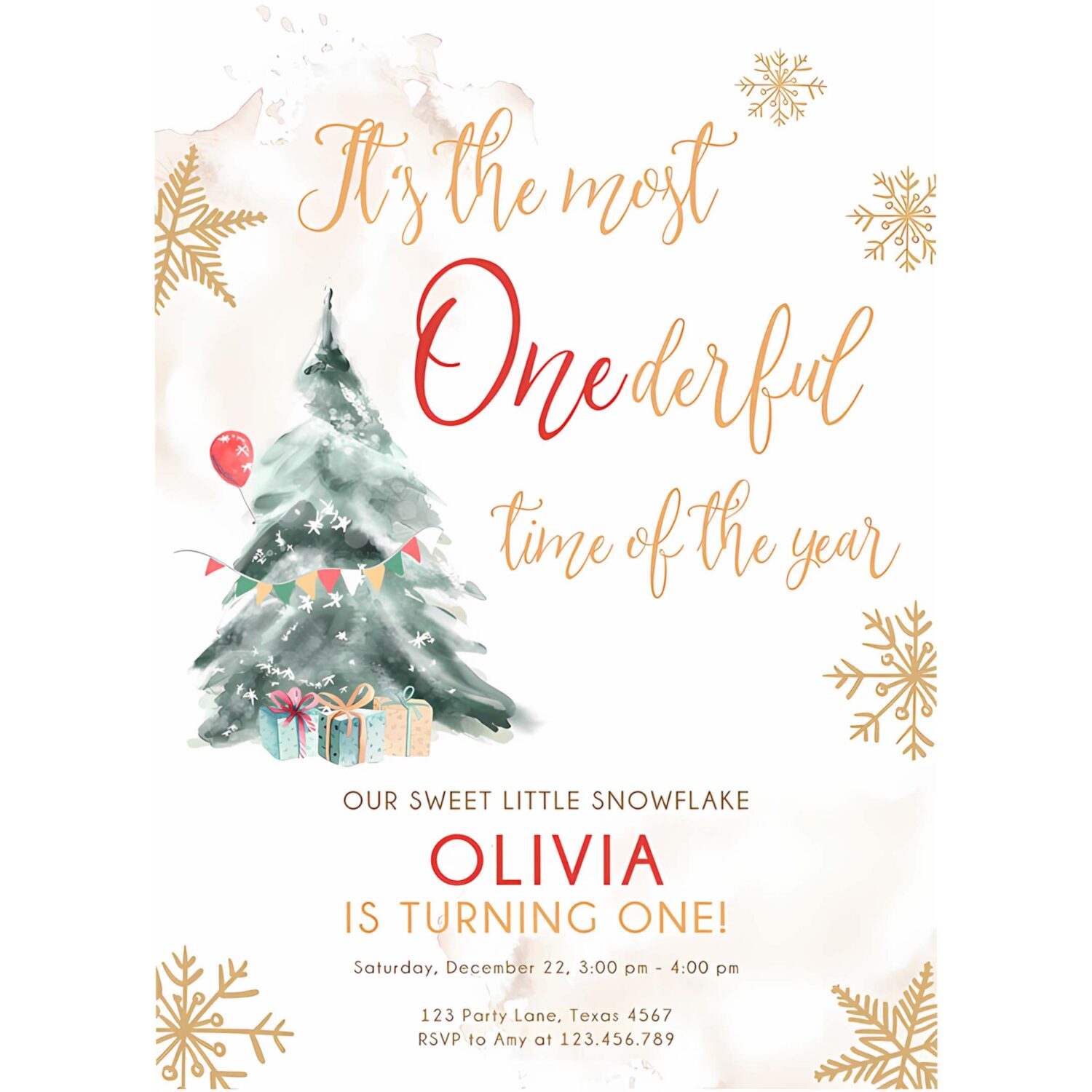 Editable winter onederland birthday invitation first birthday 1st most onederful time red gold tree christmas snowflake corjl template 0363 4